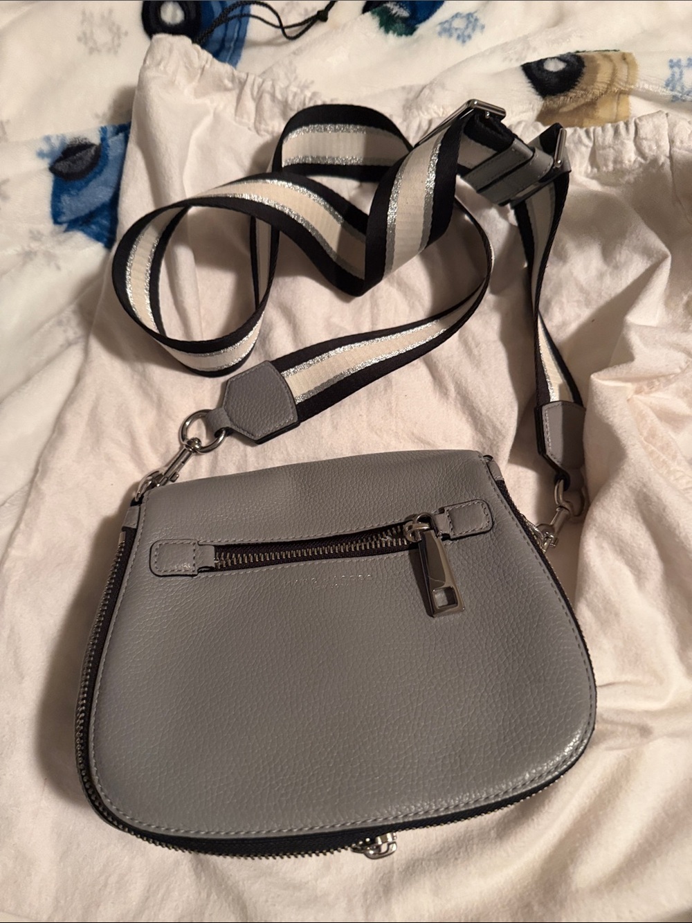 Marc Jacobs Gray Pebbled Crossbody with Striped Webbing Strap